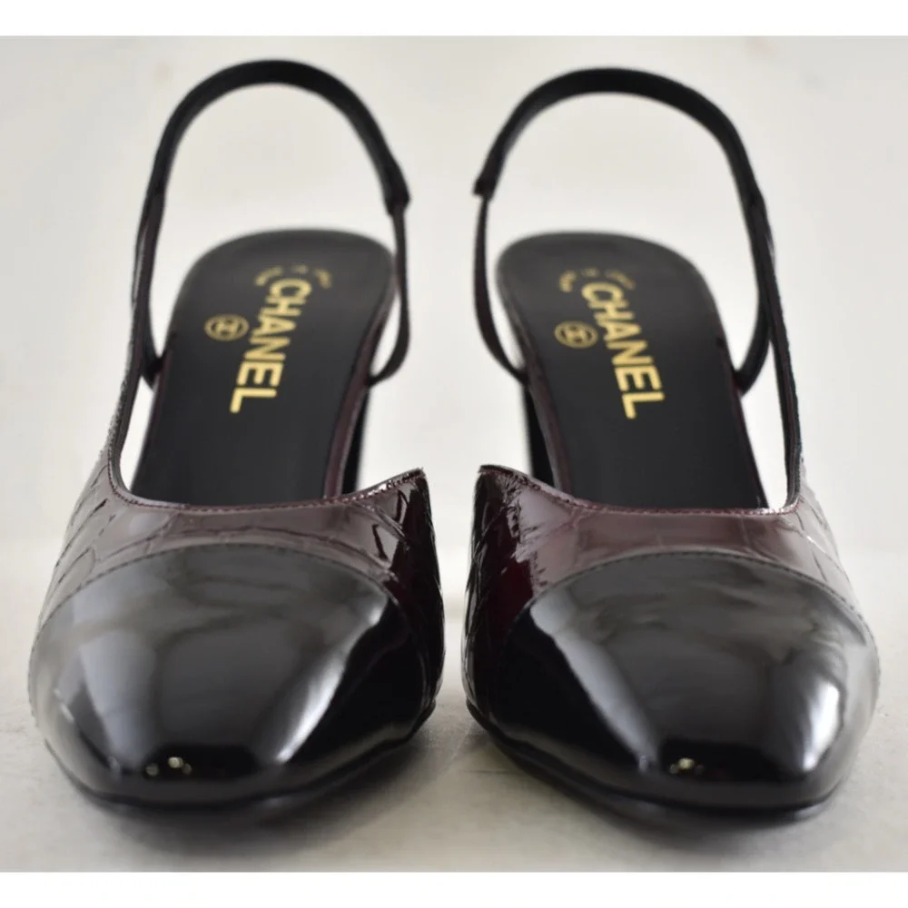 Chanel 26A Burgundy Black Crocodile Coco Sling Slingback Block Heel Pump 40c